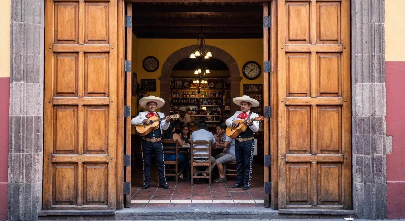 de svingende trædøre og travle interiør i La Coyoacana på Higuera 14, med mariachi-spillere nær et fyldt bord