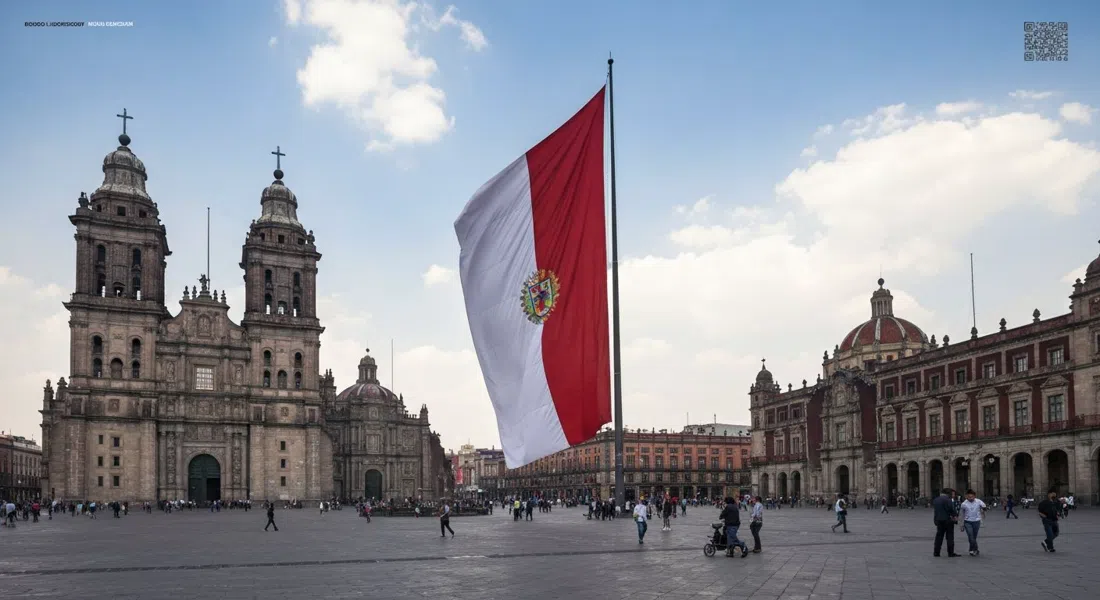 el Zócalo de la Ciudad de México al mediodía, la bandera gigante desplegada sobre la plaza con la Catedral Metropolitana y el Palacio Nacional a cada lado