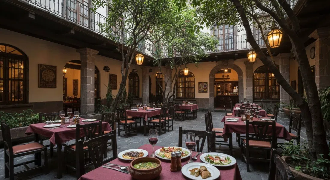 el patio iluminado con faroles en Azul Histórico dentro del hotel Downtown México, mesas bajo árboles con platillos mexicanos tradicionales sobre la mesa