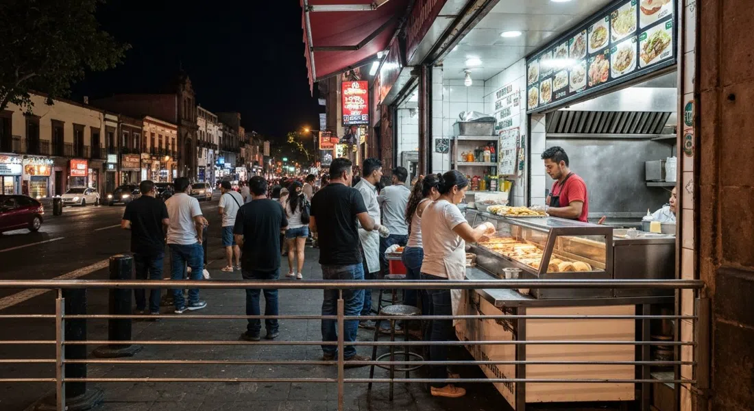el mostrador nocturno y concurrido de Los Cocuyos en Bolívar, tacos de suadero siendo armados bajo luces callejeras duras