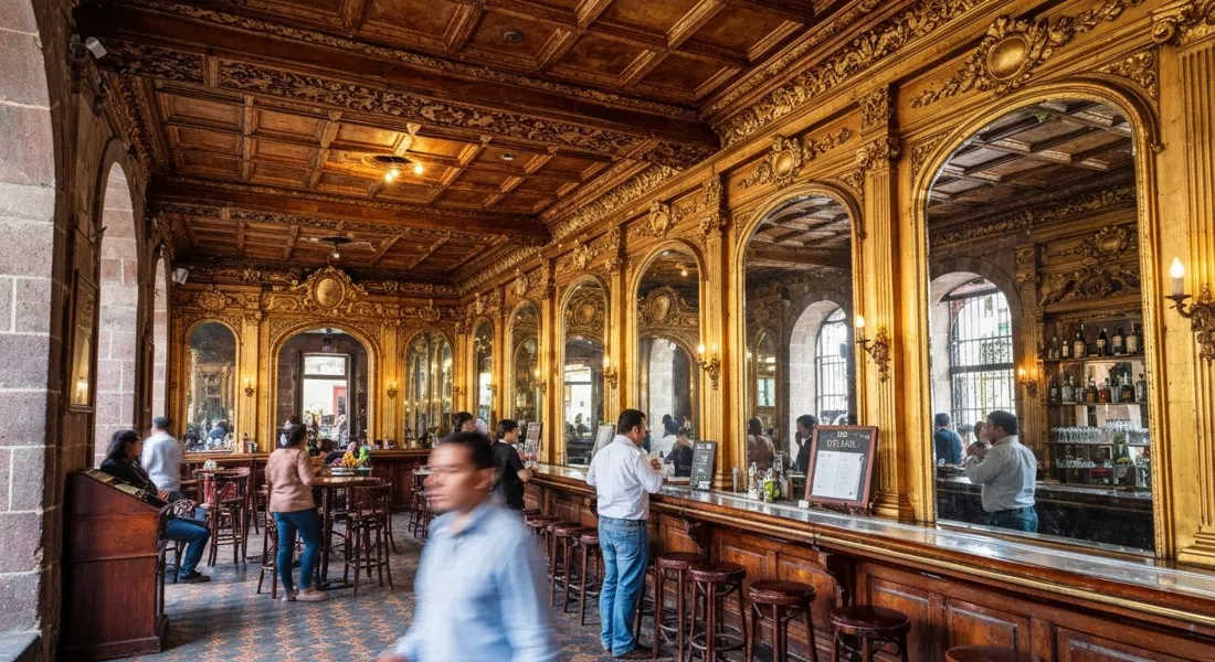 el ornamentado interior de Bar La Ópera en 5 de Mayo, madera dorada, espejos y el agujero de bala en el techo visible sobre la barra