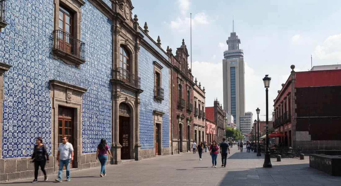 Calle Madero de día cerca de la Casa de los Azulejos, peatones moviéndose junto a la fachada histórica hacia la Torre Latinoamericana