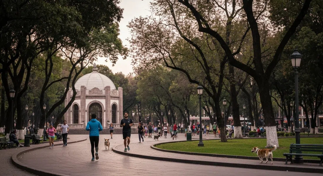 Parque México en Condesa al atardecer, corredores bordeando los caminos curvos, perros con y sin correa, y el quiosco art déco bajo los árboles