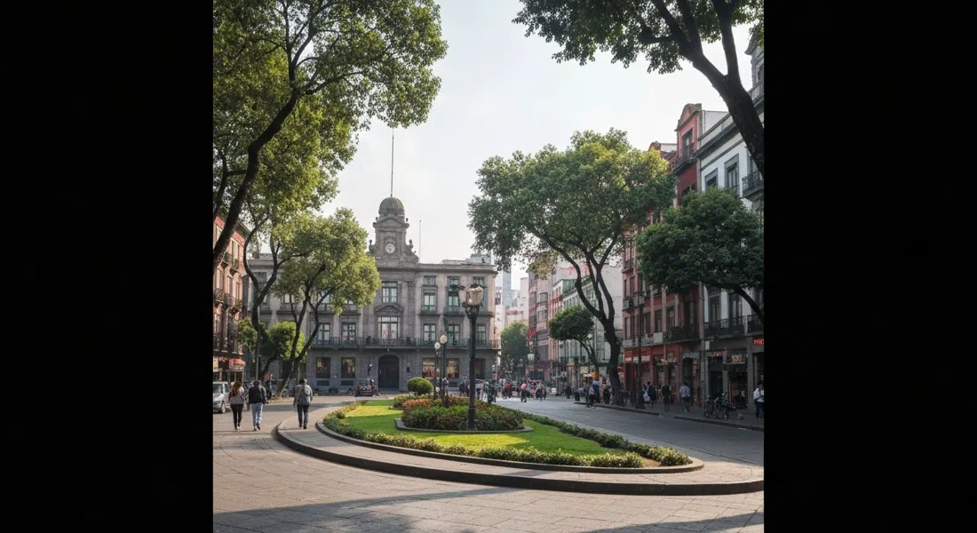 El óvalo arbolado de la Avenida Amsterdam en Condesa, la mediana plantada y las fachadas art déco curvadas en la suave luz matutina