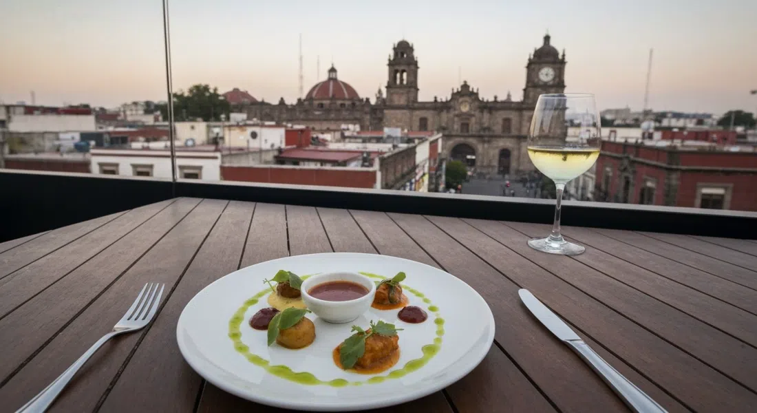 un plato de degustación de temporada en Esquina Común en una mesa de azotea, la luz del atardecer atrapa hierbas y salsas con los tejados de Condesa al fondo