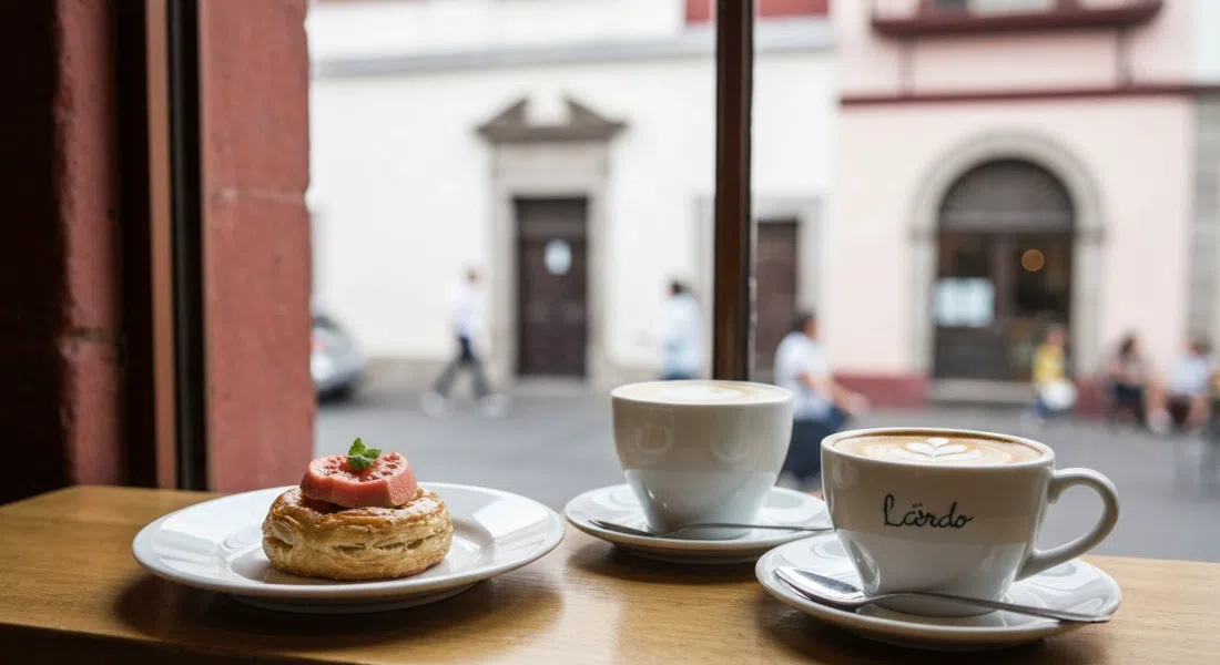 un pastel de guayaba y café en Lardo junto a una ventana luminosa, con luz matutina y el entorno de desayuno mediterráneo-mexicano del restaurante