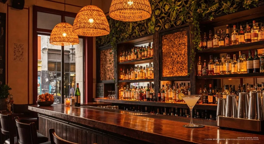 El íntimo salón de cócteles de Baltra Bar en Condesa, iluminación cálida, decoración inspirada en las Galápagos y un martini en la barra