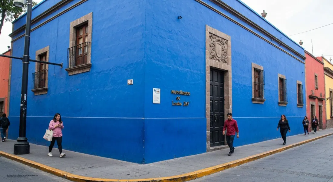 el exterior azul cobalto del Museo Frida Kahlo en Londres 247, enmarcado a nivel de calle con luz suave matutina