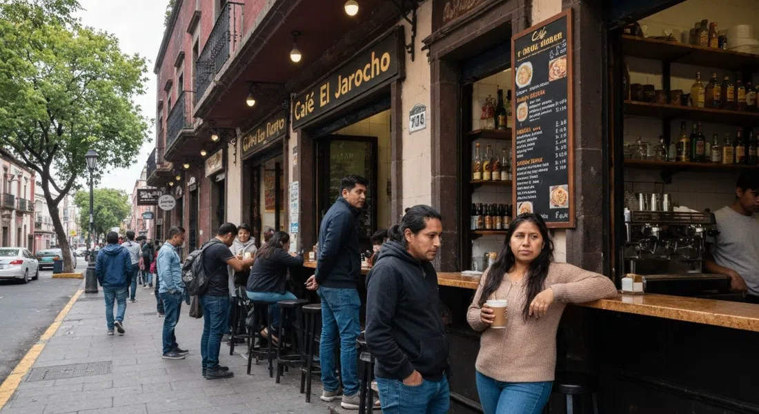 el mostrador de servicio de pie y la escena de café en la acera de Café El Jarocho, con locales sosteniendo capuchinos con canela junto a la calle
