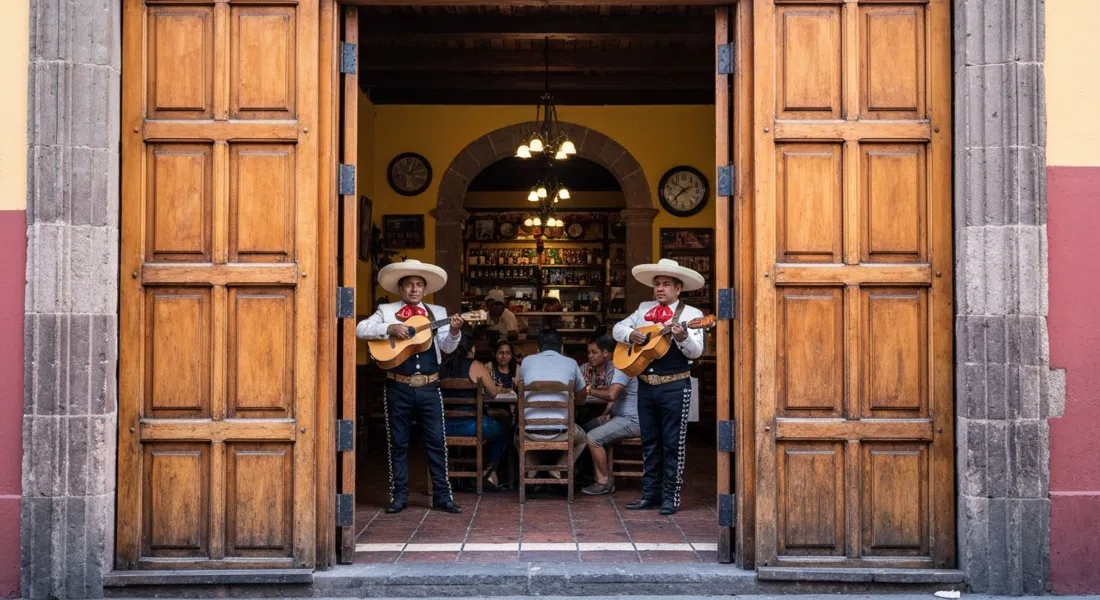 las puertas batientes de madera y el interior bullicioso de La Coyoacana en Higuera 14, con mariachis tocando cerca de una mesa llena