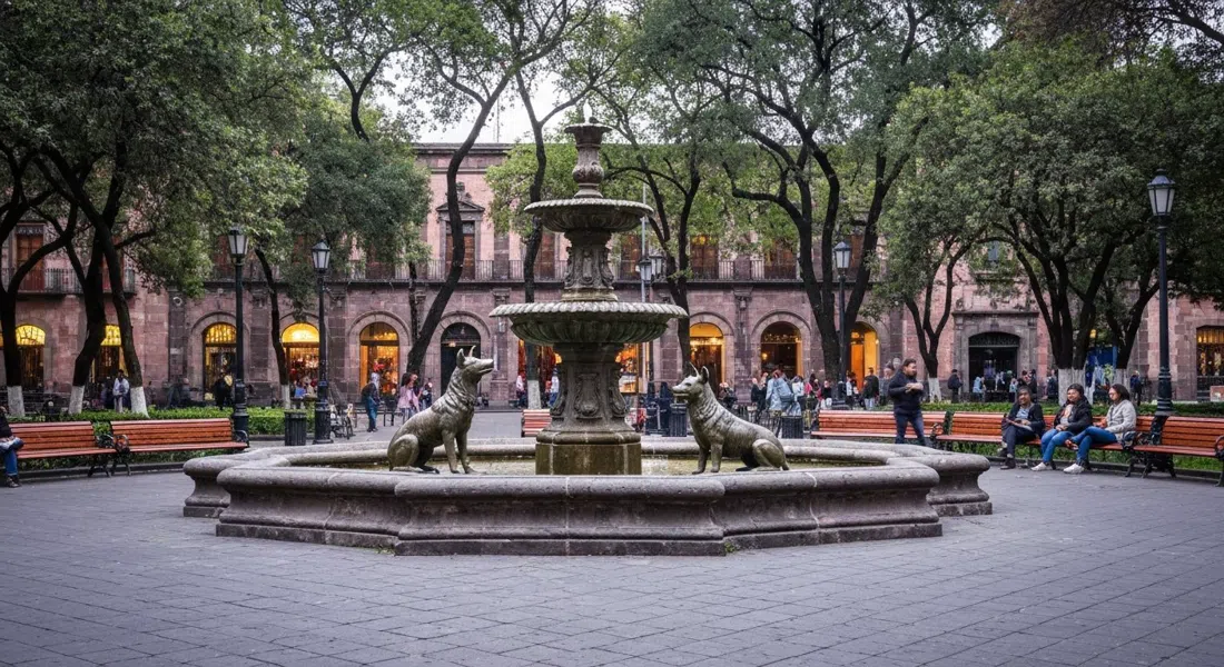 la Fuente de los Coyotes en Jardín Centenario, coyotes de bronce y fuente de piedra rodeados de bancas y árboles al atardecer