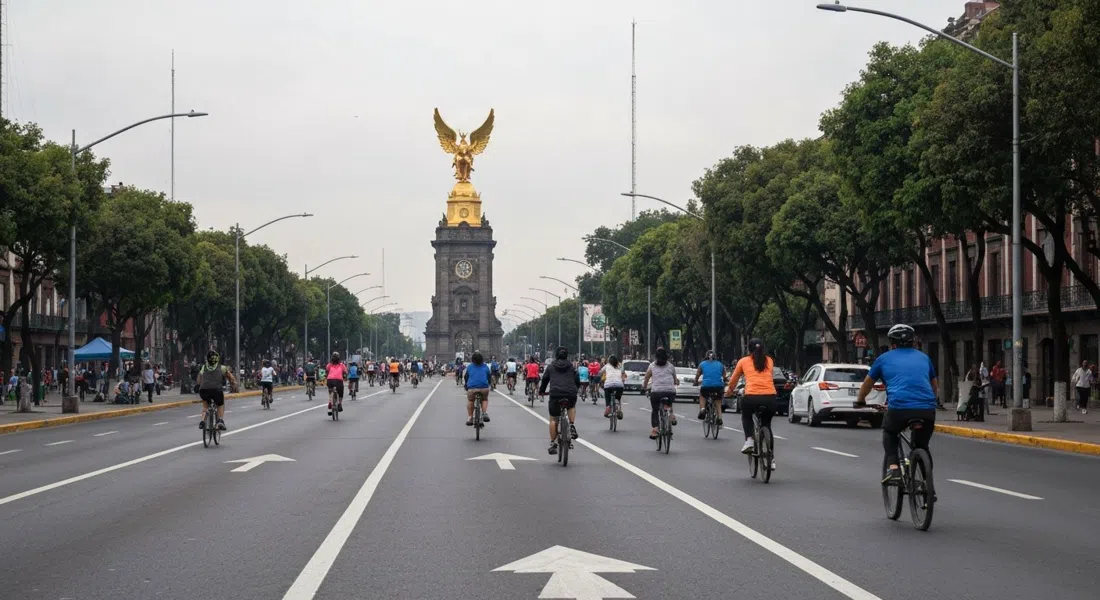 Paseo de la Reforma en Juárez en la mañana del domingo durante Muévete en Bici, ciclistas y corredores moviéndose sin coches junto al dorado Ángel de la Independencia bajo luz clara
