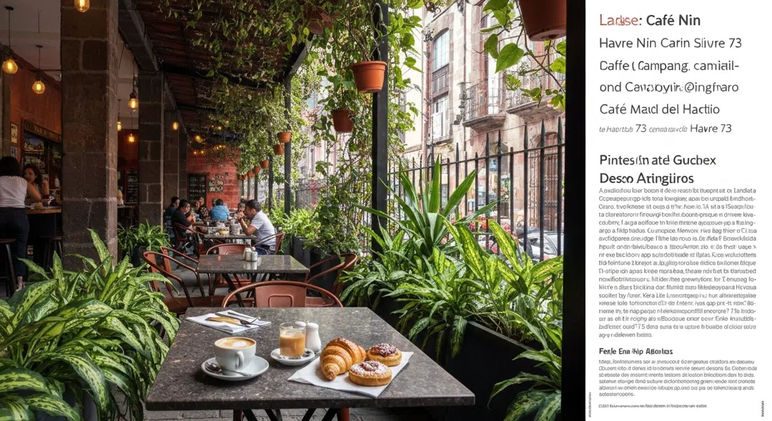 el patio lleno de plantas de Café Nin en Havre 73, pasteles y café en una mesa matutina con luz suave filtrándose a través del follaje