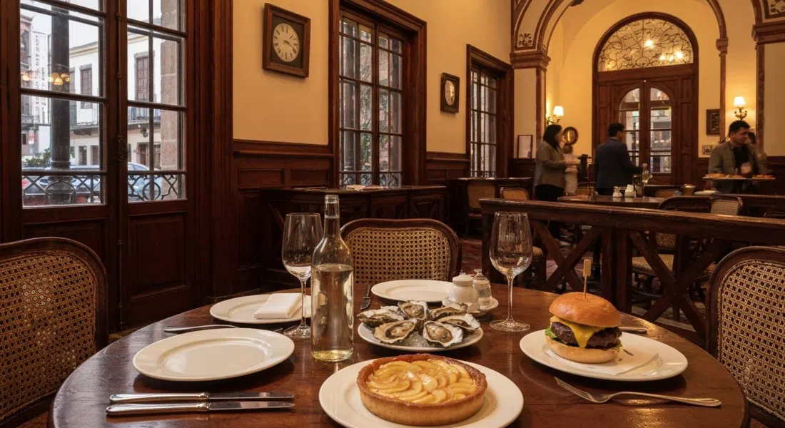el elegante comedor de Havre 77 dentro de una vieja mansión, con una mesa preparada para ostras de Baja, una hamburguesa y tarta tatin de manzana bajo la cálida luz del atardecer