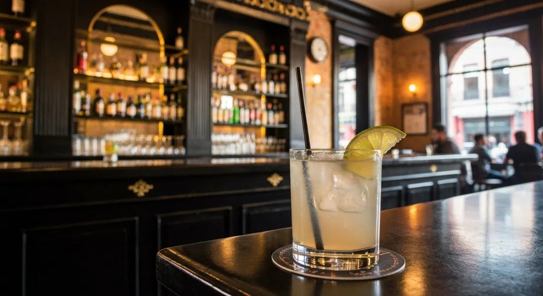 el interior art déco en negro y dorado de Handshake Speakeasy, un cóctel de mezcal en la barra bajo luz tenue y superficies pulidas
