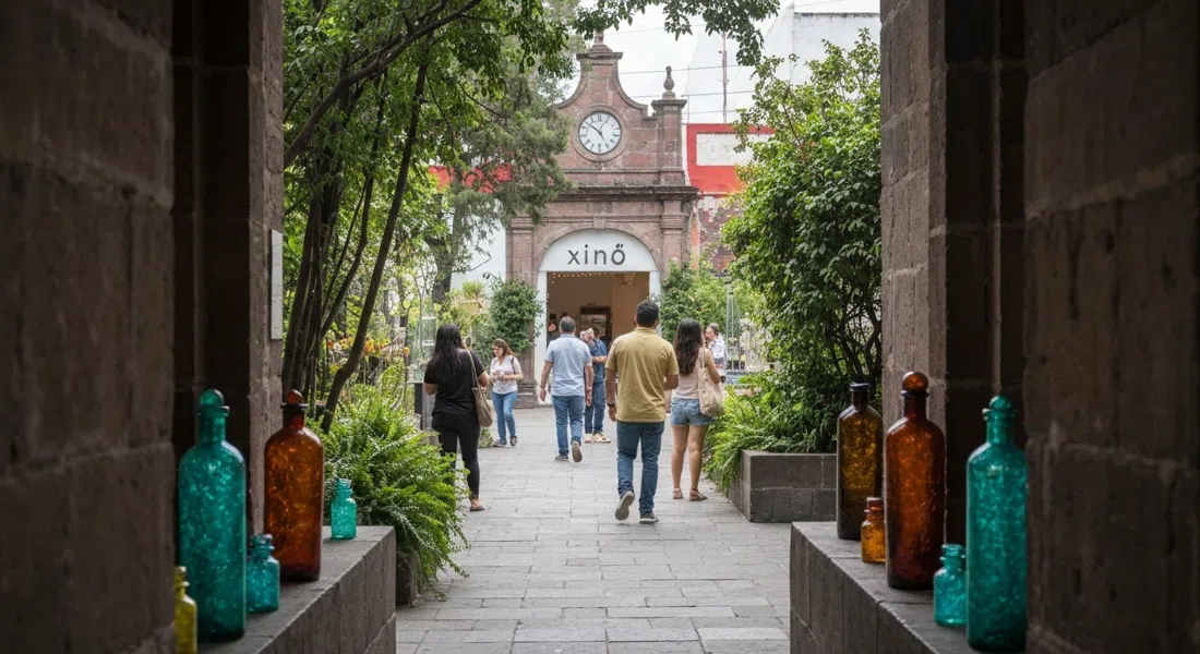 Xinú en Marsella visto a través de su acceso ajardinado, un taller de perfumes silencioso con frascos de vidrio soplado escultóricos y follaje verde con luz suave