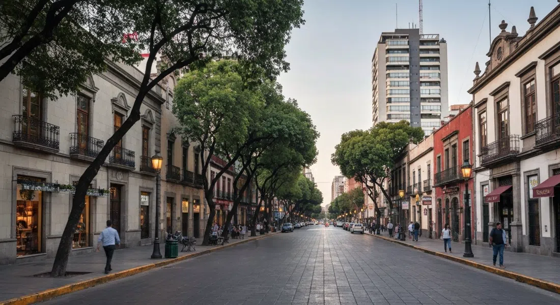 calle ancha con sombra de árboles en Polanco con mansiones bajas y torres modernas al atardecer