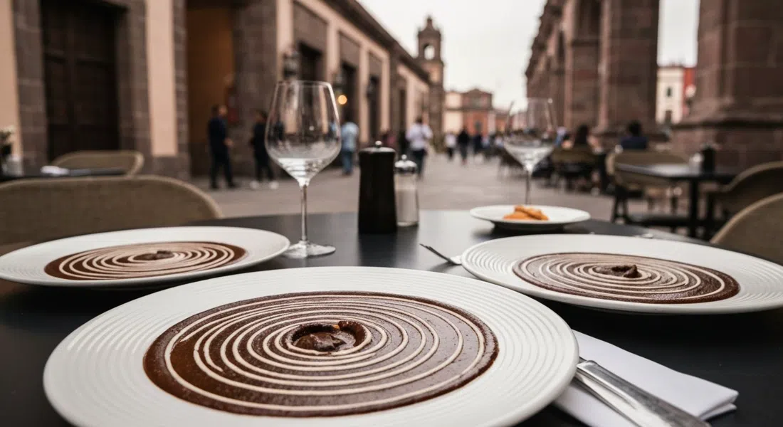 plato de mole madre de Pujol servido en anillos concéntricos sobre una mesa oscura, comedor de alta cocina con luz tenue