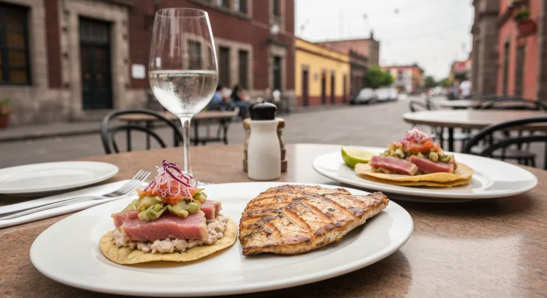 tostada de atún y pescado a la parrilla en Entremar, mariscos emplatados brillantes en una mesa de comedor pulida