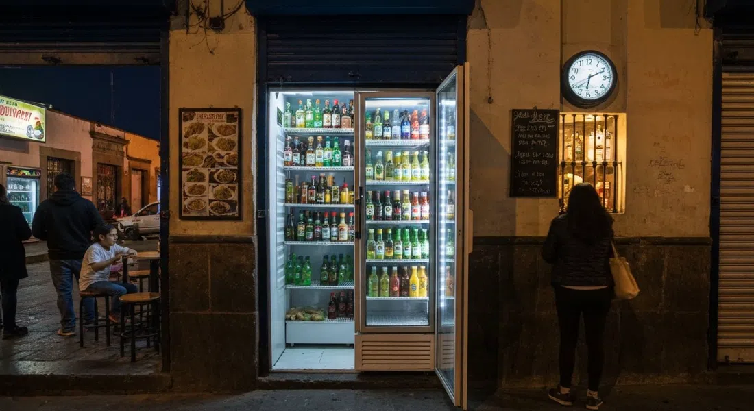 la entrada oculta de Jules Basement, una puerta de refrigerador dentro de una taquería que se abre a un speakeasy de noche