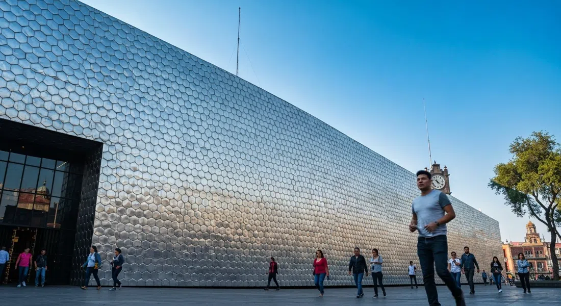 fachada de azulejos hexagonales plateados del Museo Soumaya en Plaza Carso, tomada desde abajo contra el cielo azul