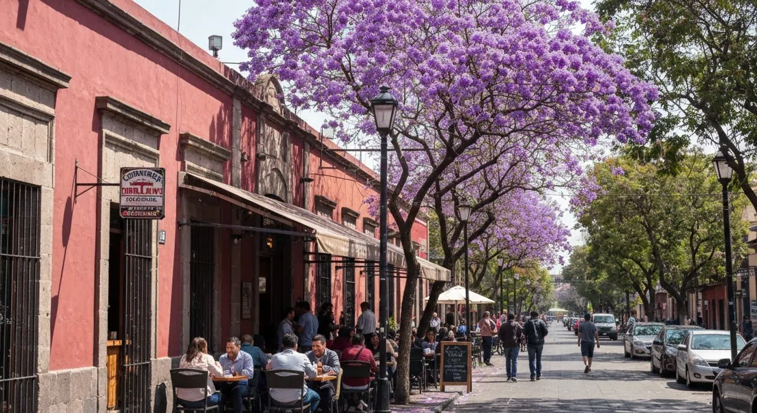 Contramar en Durango 200 a la hora del almuerzo, con comensales haciendo fila afuera bajo la sombra de las jacarandas y la calle bulliciosa antes del servicio