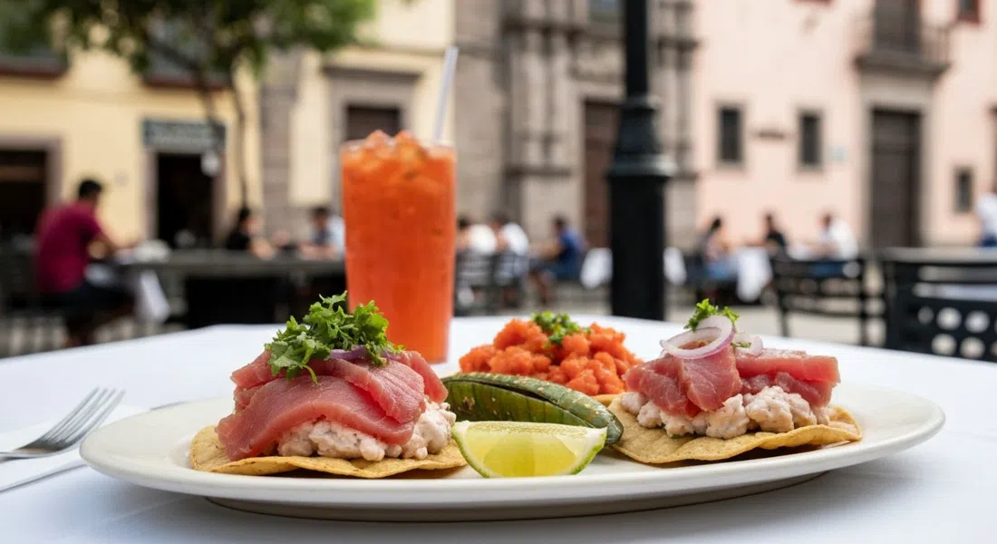 un plato de tostadas de atún y pescado a la talla rojo y verde en Contramar, colores brillantes de mariscos sobre un mantel blanco