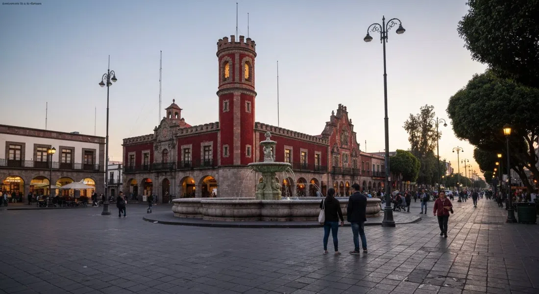 Plaza Río de Janeiro al atardecer, con la fuente del David en el centro y la fachada de ladrillo rojo con torreones de la Casa de las Brujas asomando en la esquina