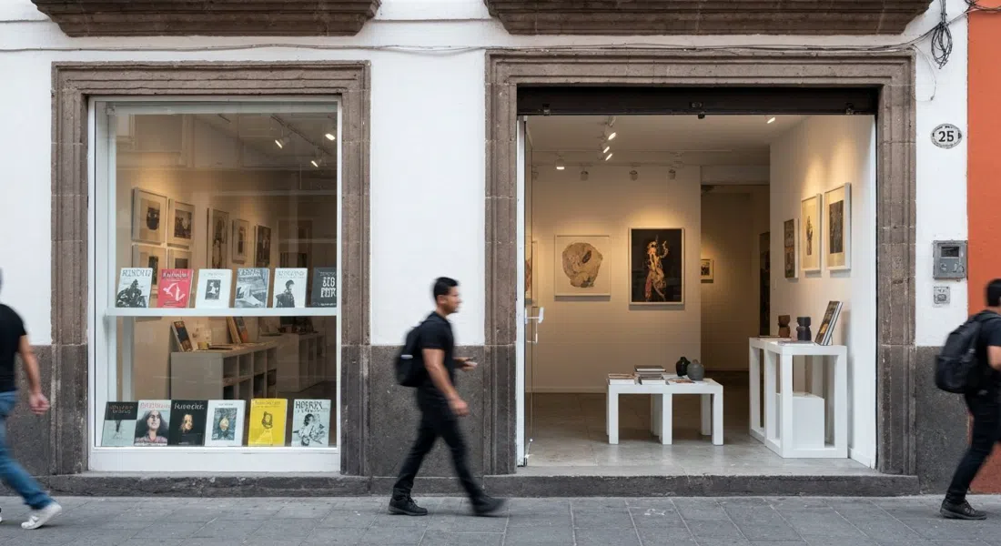Casa Bosques en Córdoba 25, con una fachada minimalista, libros de arte en la ventana y objetos de diseño dispuestos como una pequeña galería