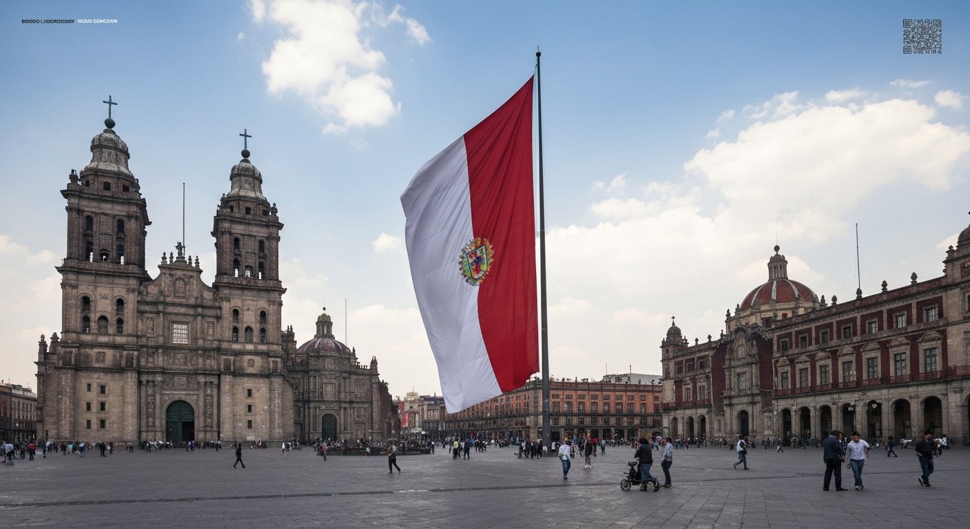 the Zócalo in Mexico City at midday, the giant flag unfurling over the square with the Metropolitan Cathedral and Palacio Nacional at either side