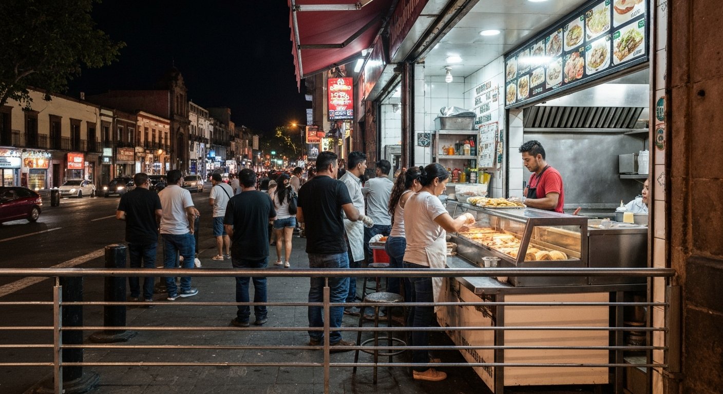 the busy late-night counter at Los Cocuyos on Bolívar, suadero tacos being assembled under harsh street lights