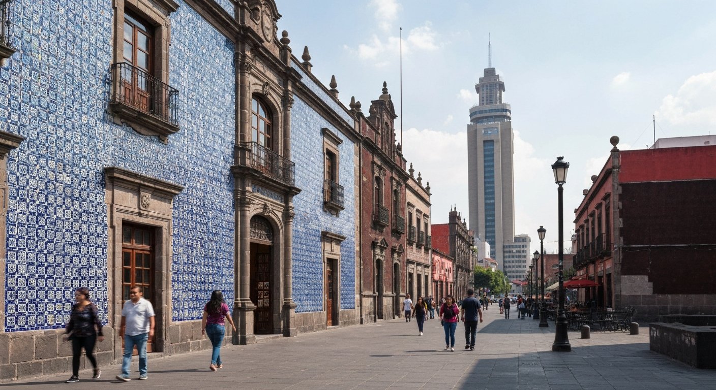 Calle Madero in daylight near the blue-tiled Casa de los Azulejos, pedestrians moving past the historic facade toward the Torre Latinoamericana