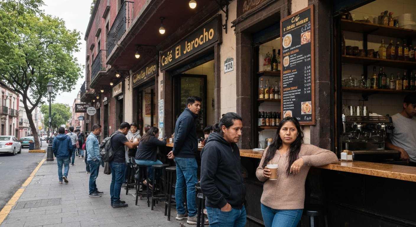 the standing-room-only counter and curbside coffee scene at Café El Jarocho, with locals holding cinnamon cappuccinos beside the street