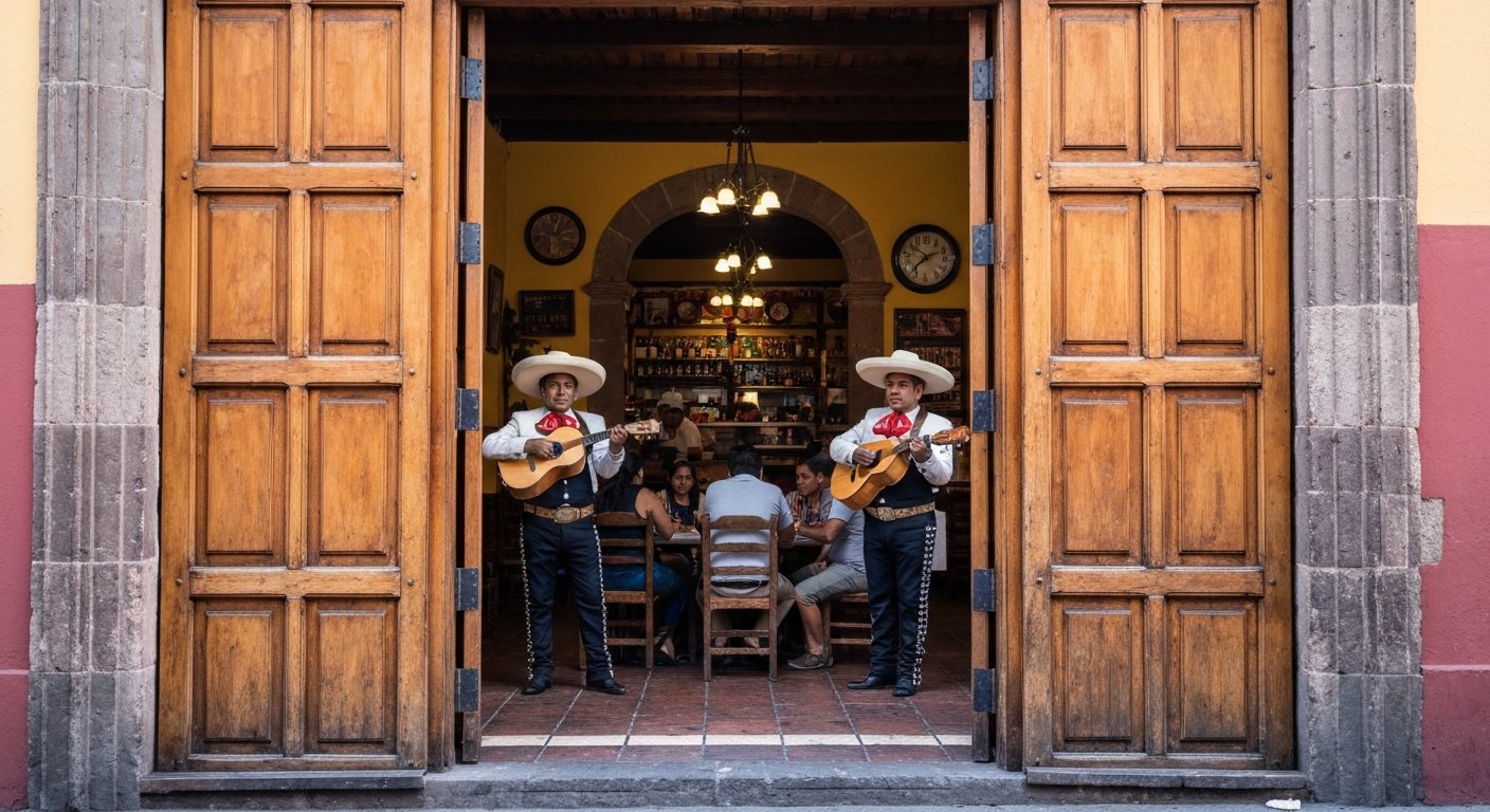 the swinging wooden doors and bustling interior of La Coyoacana on Higuera 14, with mariachis playing near a crowded table