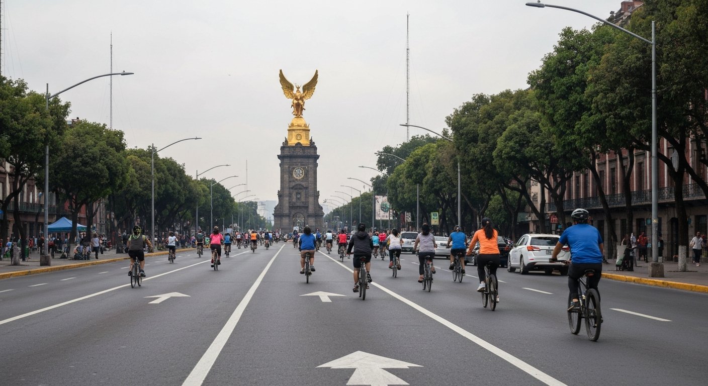Paseo de la Reforma in Juárez at Sunday morning Muévete en Bici, cyclists and runners moving car-free past the golden Ángel de la Independencia under clear light