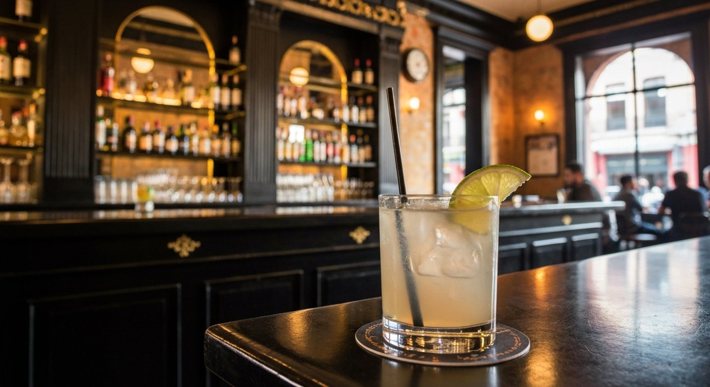 the black-and-gold Art Deco interior of Handshake Speakeasy, a mezcal cocktail on the bar beneath warm low lighting and polished surfaces