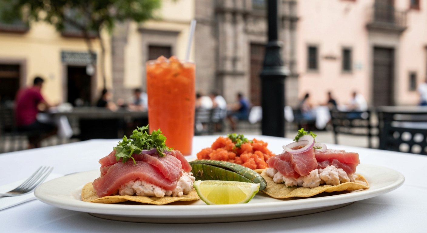 a plate of tuna tostadas and red-and-green pescado a la talla at Contramar, bright seafood colours against a white tablecloth